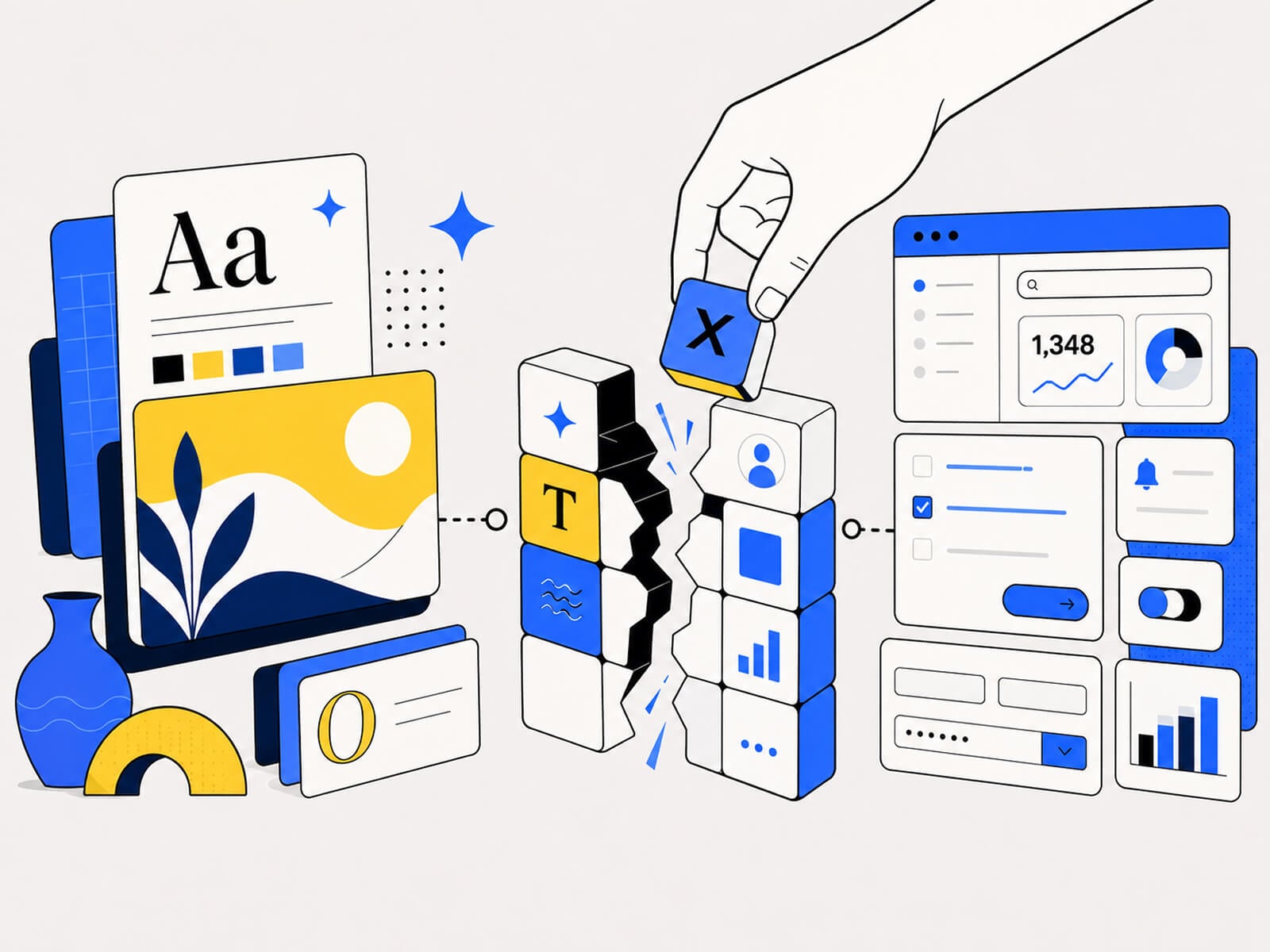 A brand style guide and a product UI screen shown side by side, sharing the same visual system