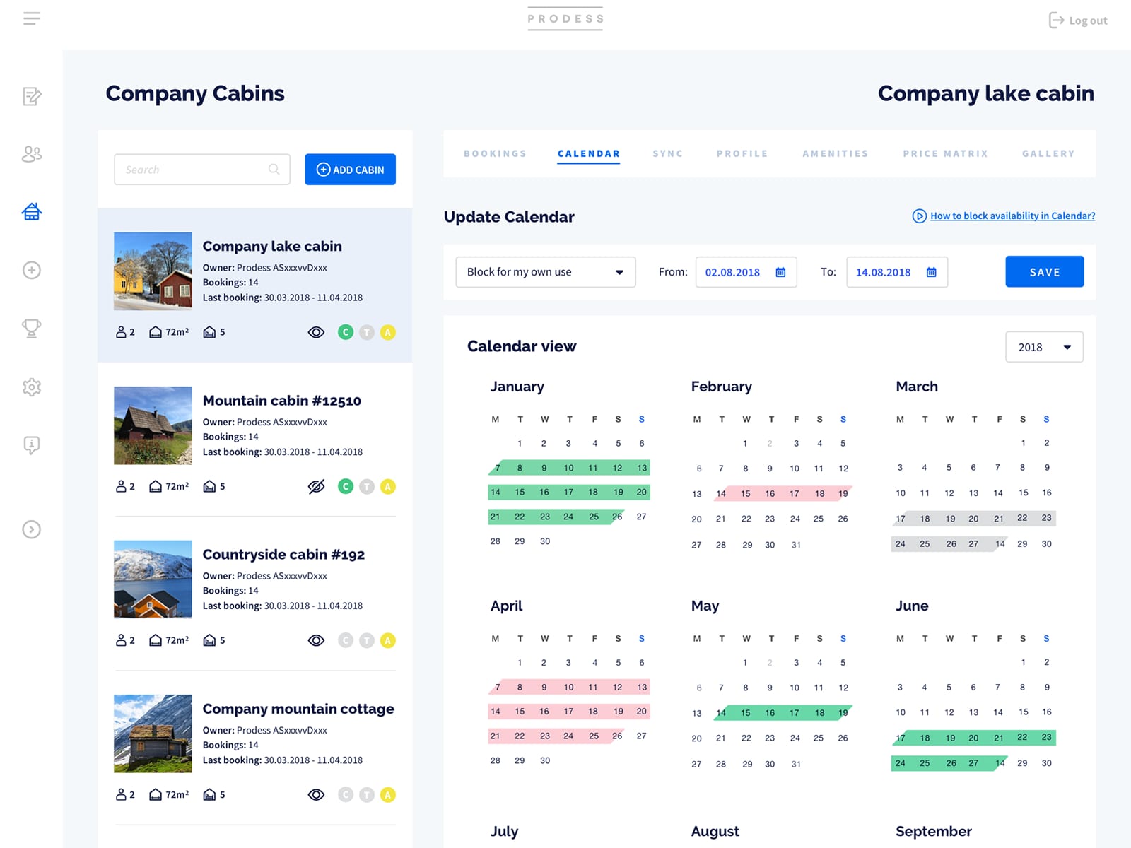 MinFirmahytte internal admin dashboard Calendar screen showing monthly availability blocks for a company cabin