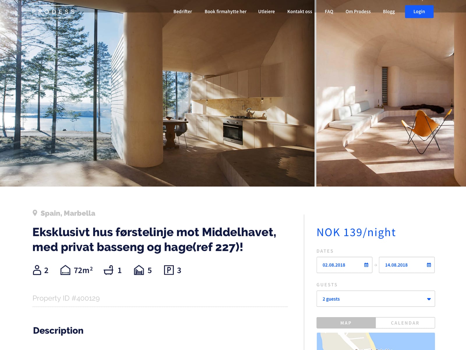 MinFirmahytte marketplace listing detail page for a holiday property in Marbella, showing interior photos, nightly price, and a booking widget