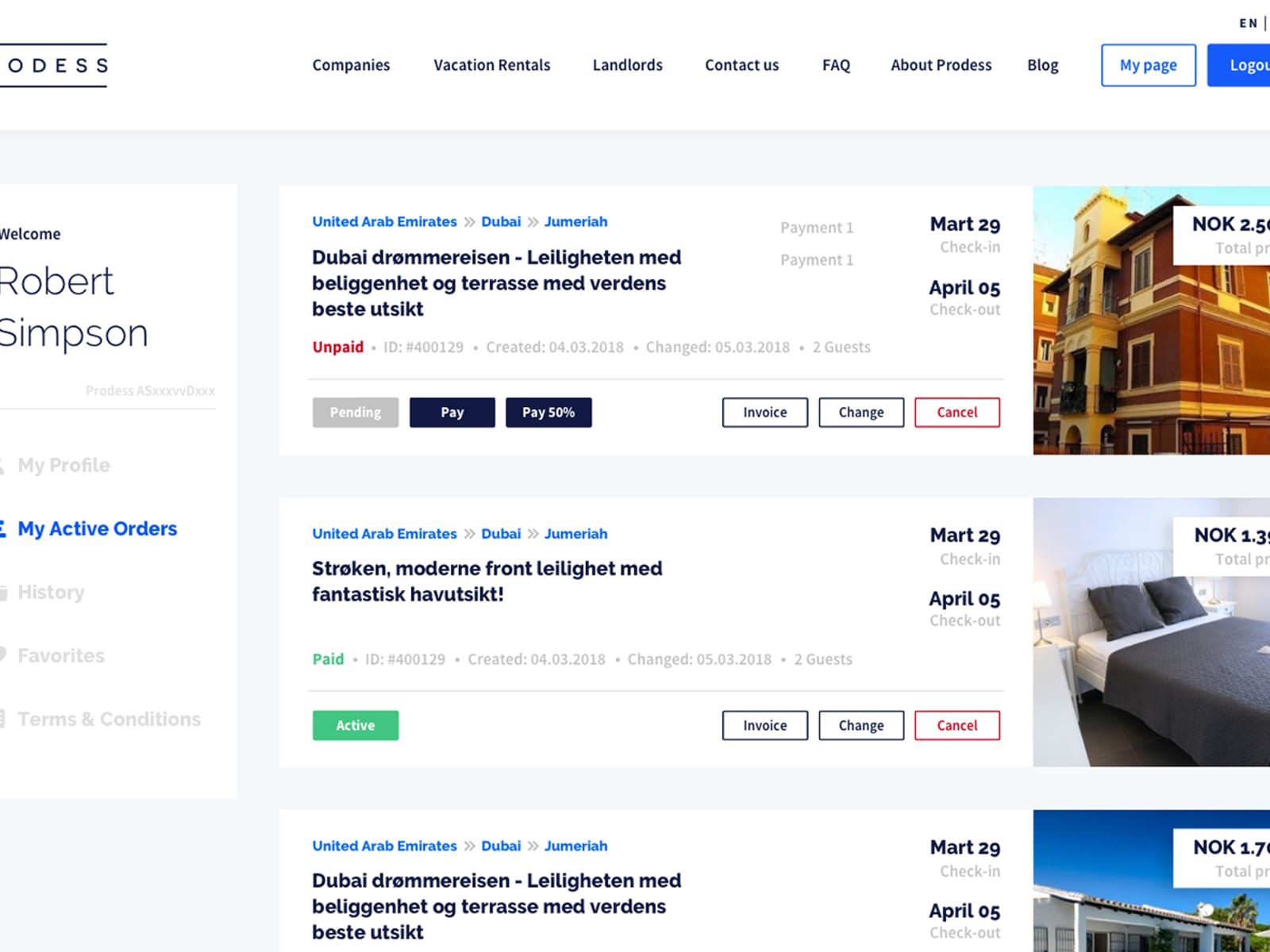 MinFirmahytte customer account page showing a guest's active bookings with property photos, dates, and payment status