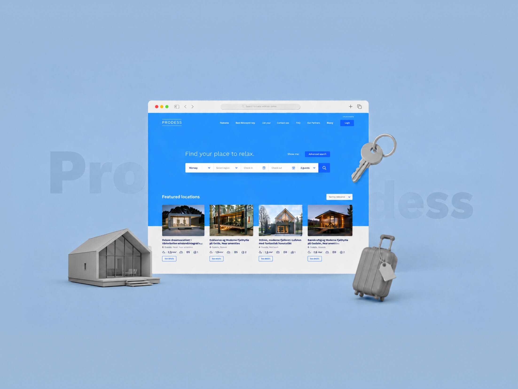 MinFirmahytte marketplace homepage mockup with holiday-cabin props
