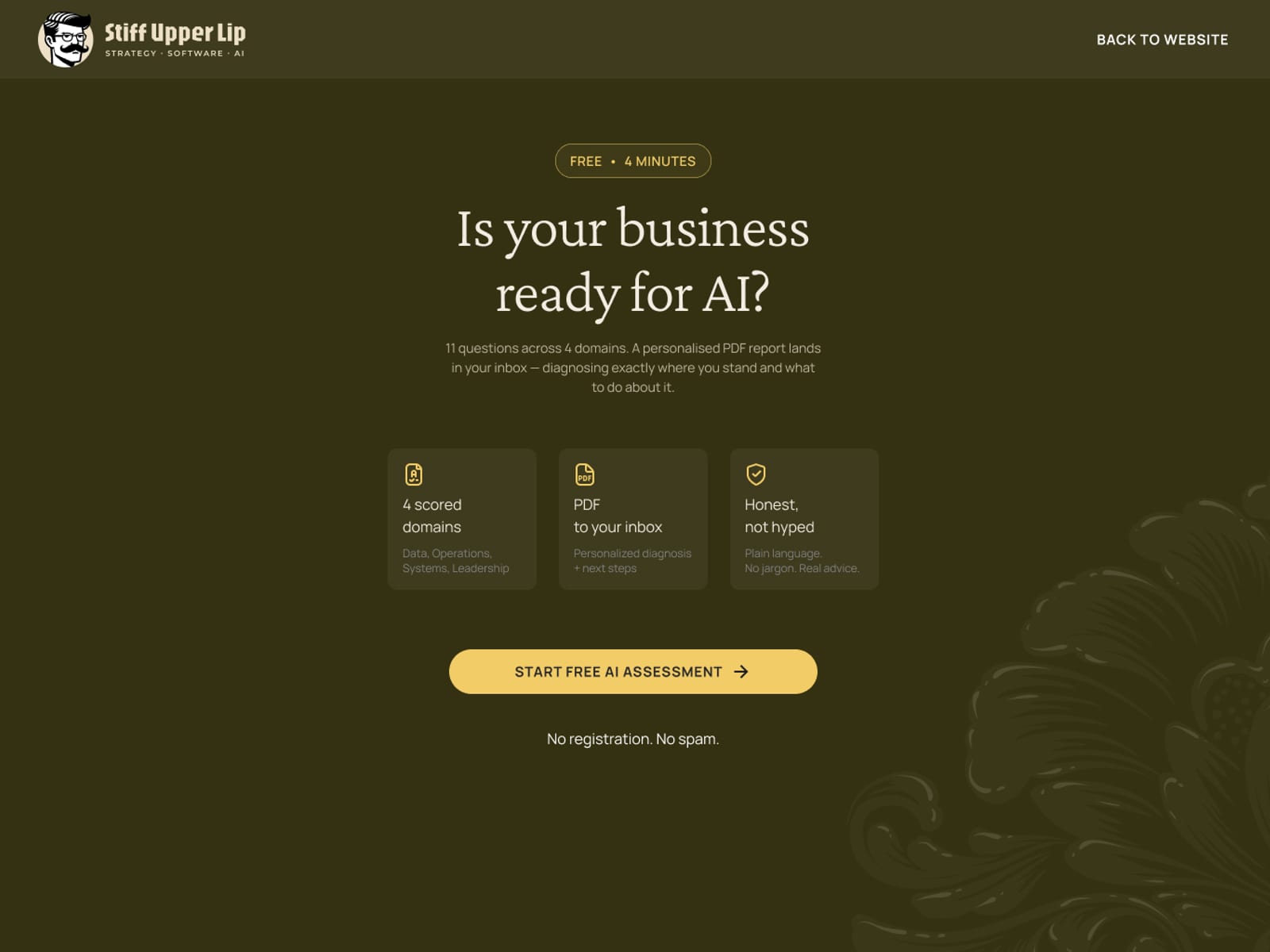 Stiff Upper Lip "Is your business ready for AI?" assessment landing screen with the free 4-minute scored quiz CTA
