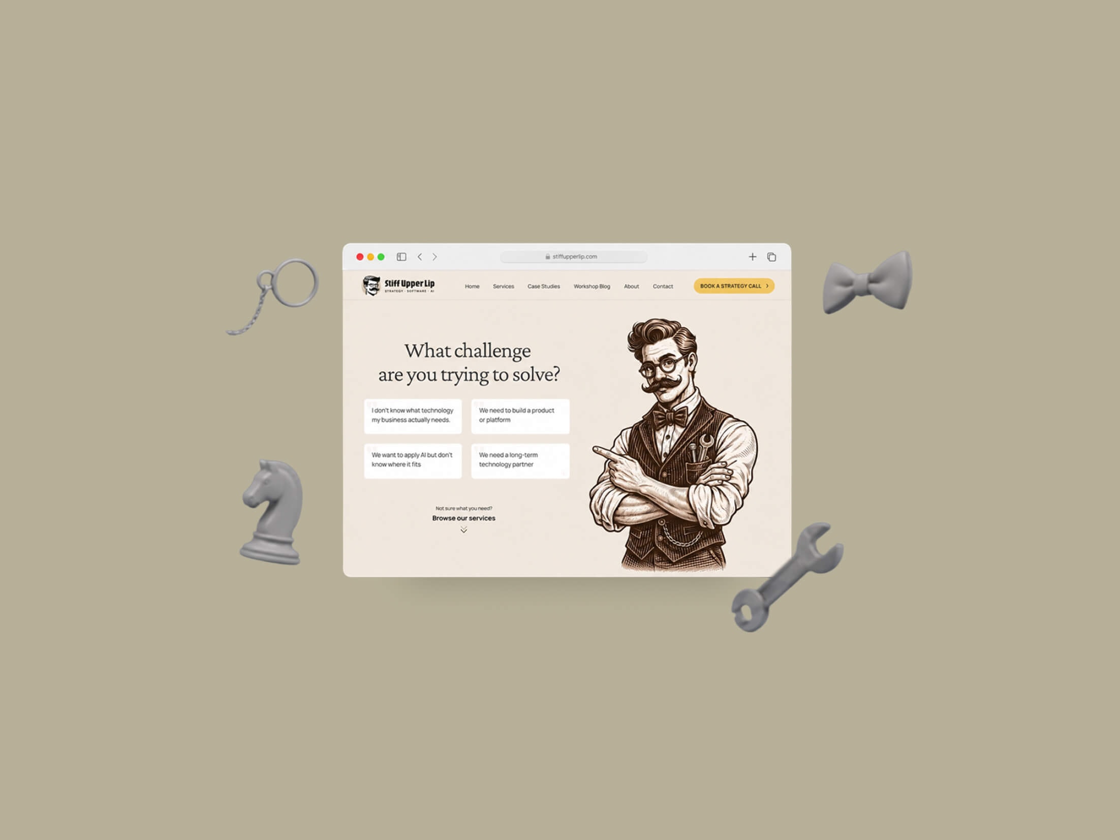 Stiff Upper Lip homepage mockup floating with Victorian-themed props