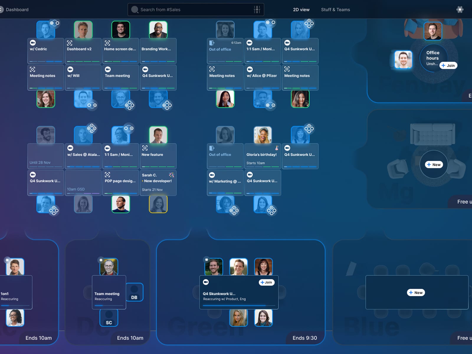 Swivel presence dashboard showing an active video call, teammate schedule widgets, and a personal profile card with a shared photo